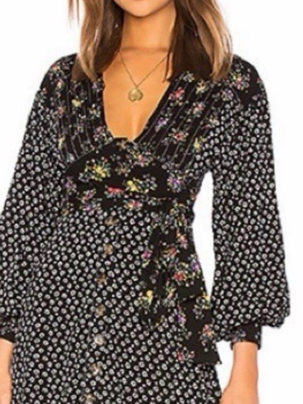 Free People Black Floral Wrap Midi Dress with Multicolor Print